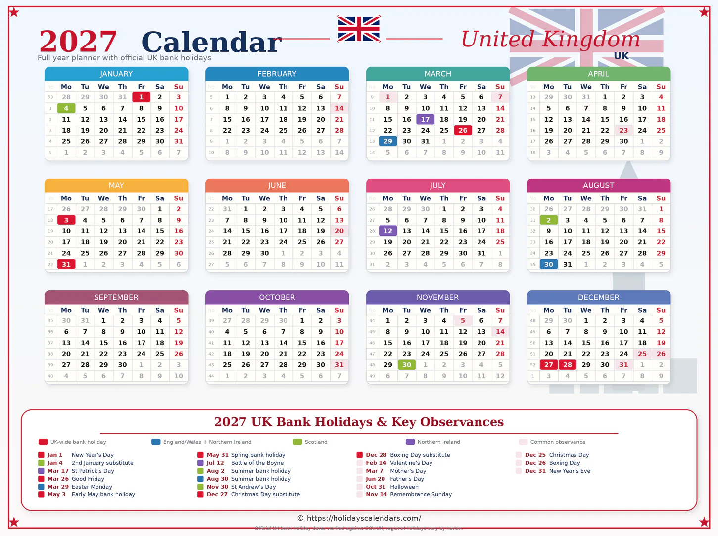 UK 2027 bank holidays full-year calendar United Kingdom bank holidays 2027 full year calendar image for England and Wales, Scotland, and Northern Ireland