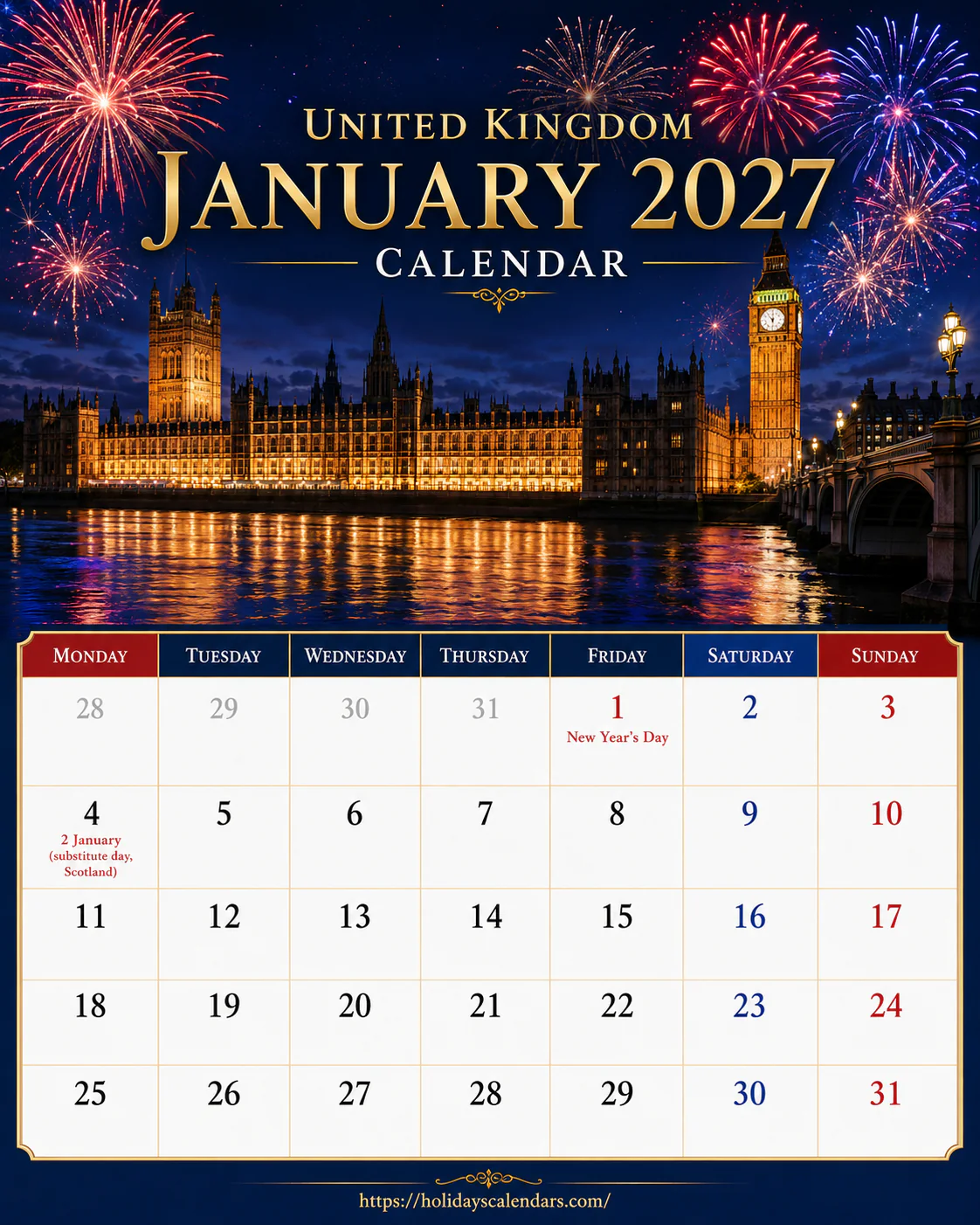 UK January 2027 bank holidays calendar United Kingdom bank holidays January 2027 calendar image with New Year's Day and Scotland substitute dates