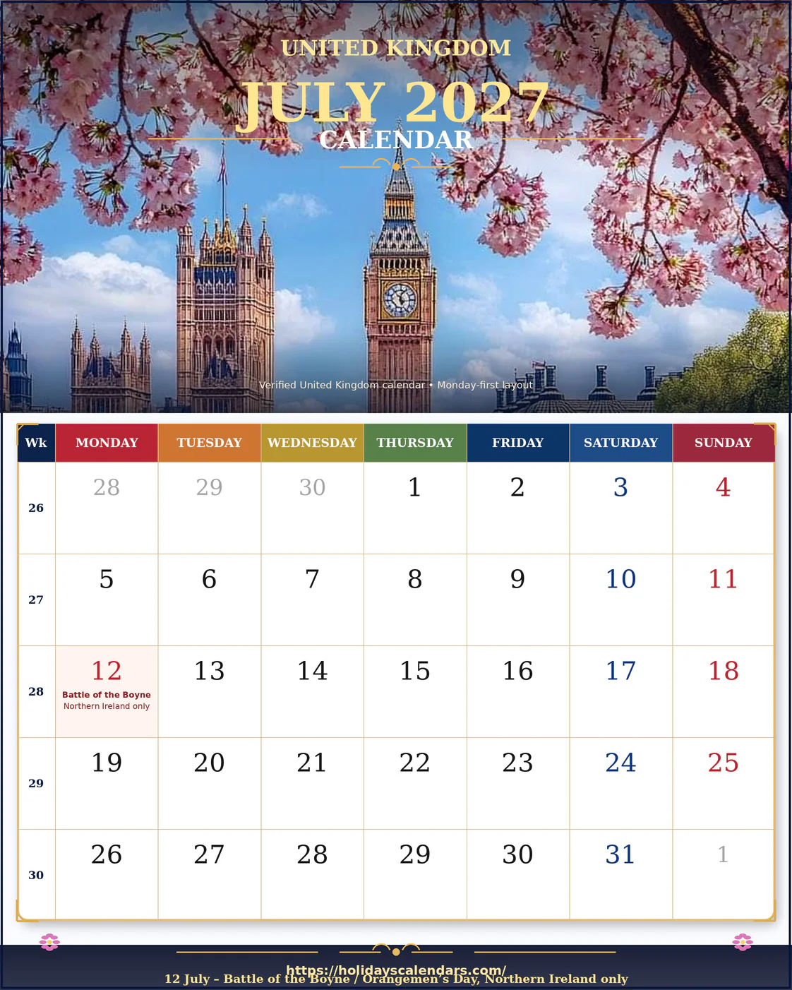 UK July 2027 Battle of the Boyne calendar United Kingdom bank holidays July 2027 calendar image with Battle of the Boyne in Northern Ireland