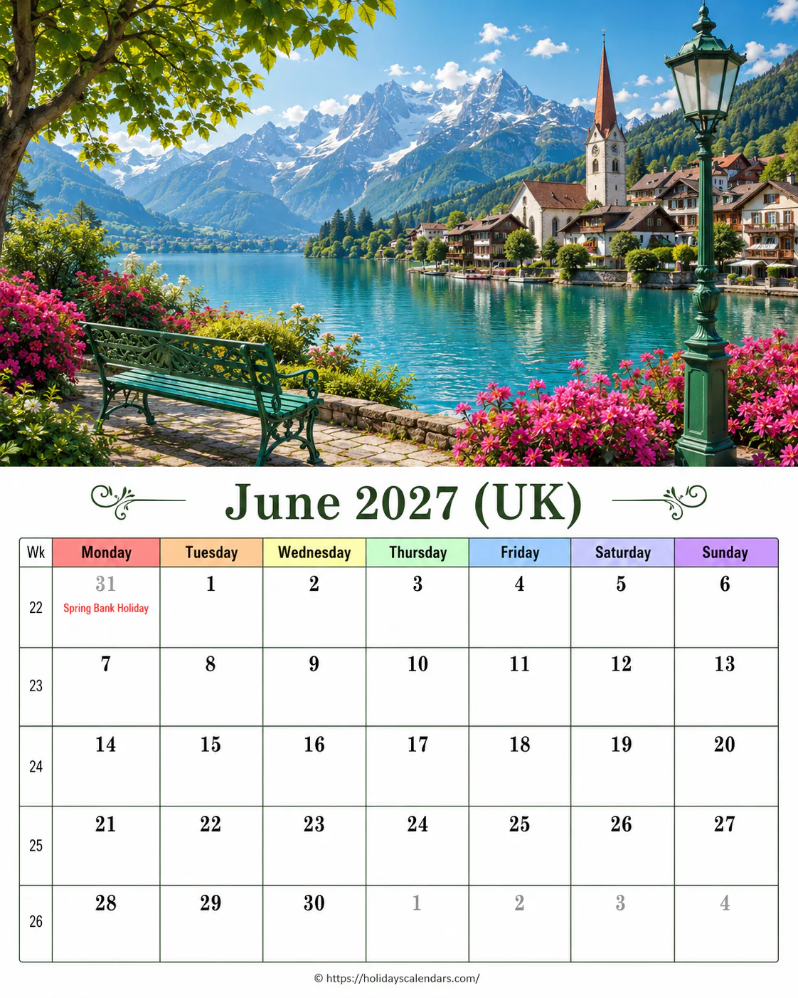 UK June 2027 bank holidays calendar United Kingdom bank holidays June 2027 calendar image for monthly planning