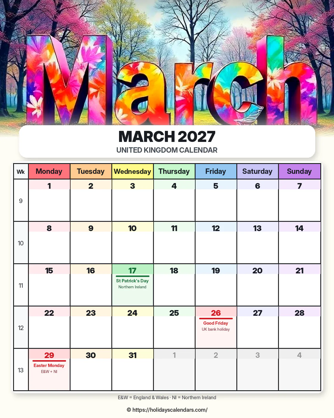UK March 2027 St Patrick bank holiday calendar United Kingdom bank holidays March 2027 calendar image with St Patrick's Day in Northern Ireland