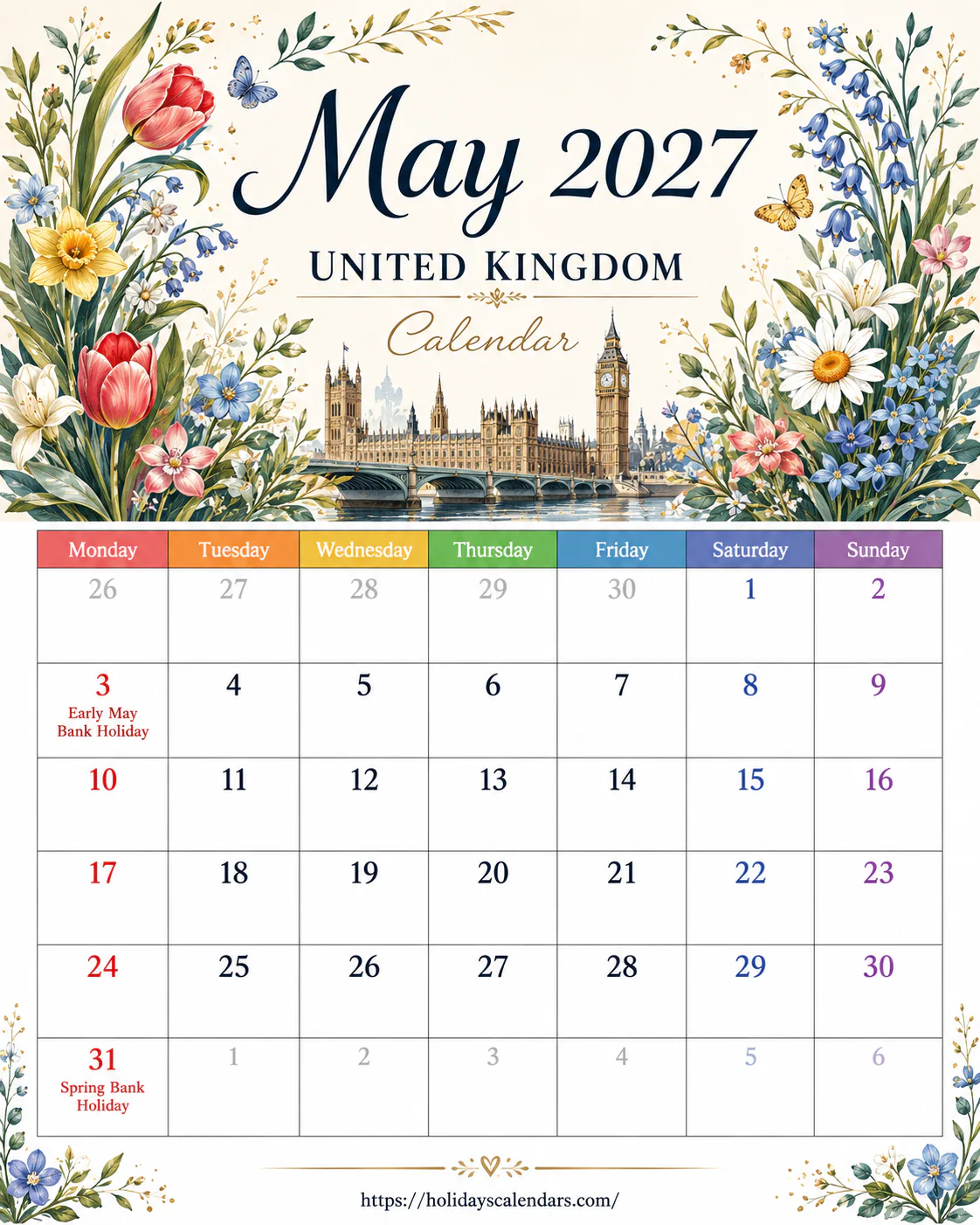 UK May 2027 bank holidays calendar United Kingdom bank holidays May 2027 calendar image with Early May and Spring bank holidays