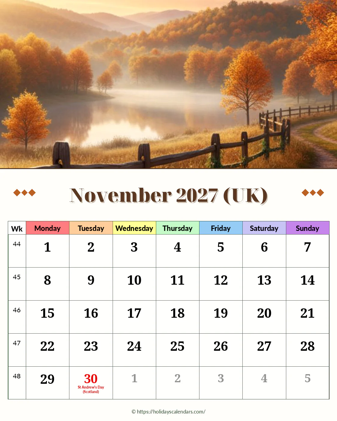 UK November 2027 St Andrew's Day calendar United Kingdom bank holidays November 2027 calendar image with St Andrew's Day in Scotland