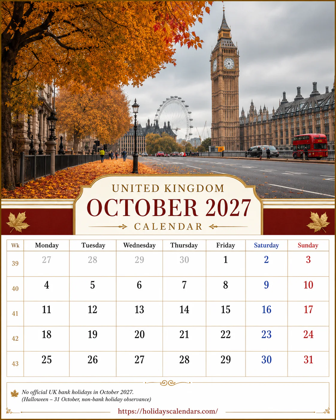 UK October 2027 bank holidays calendar United Kingdom bank holidays October 2027 calendar image for monthly planning