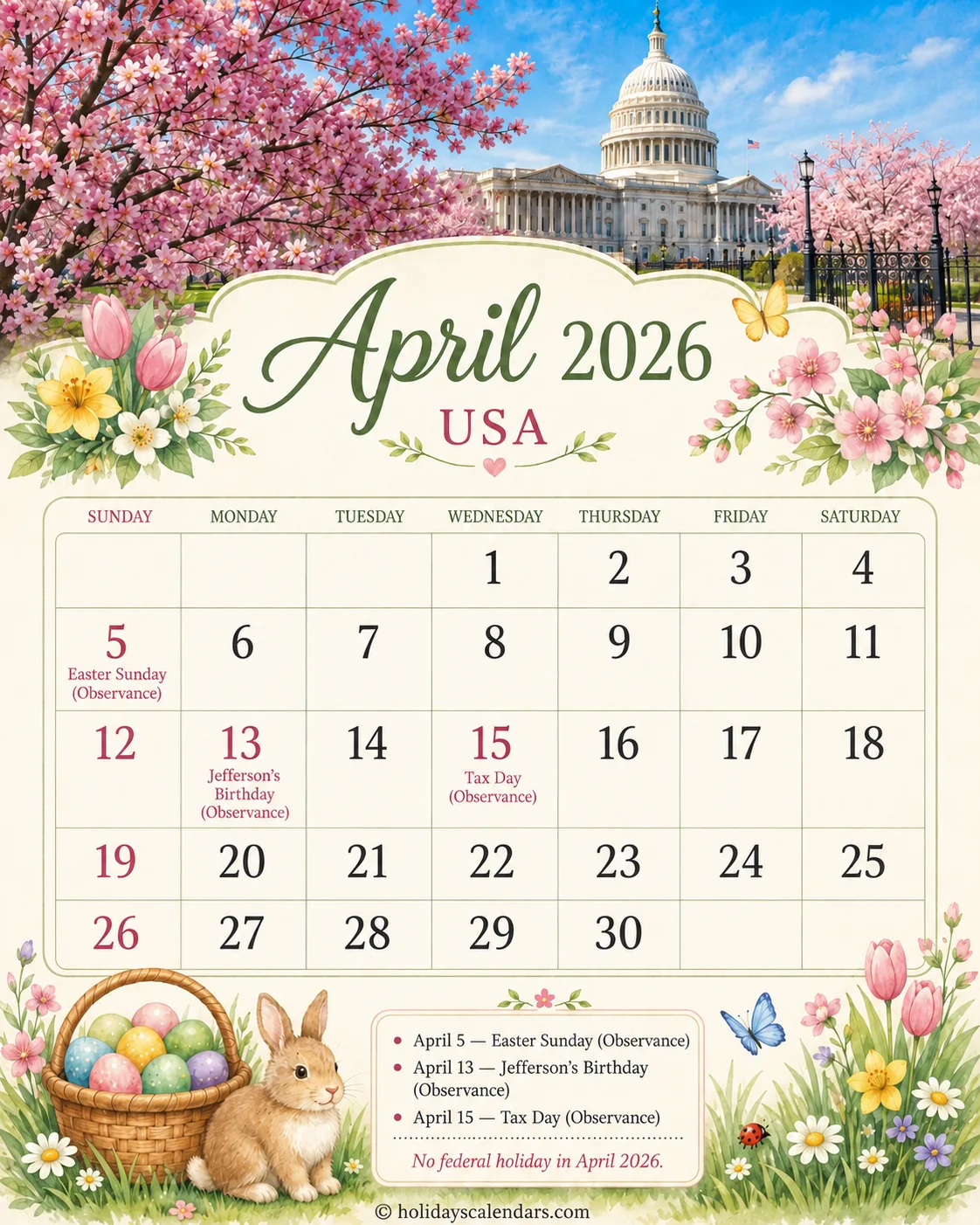 US April 2026 federal holidays calendar United States federal holidays April 2026 calendar image for monthly planning