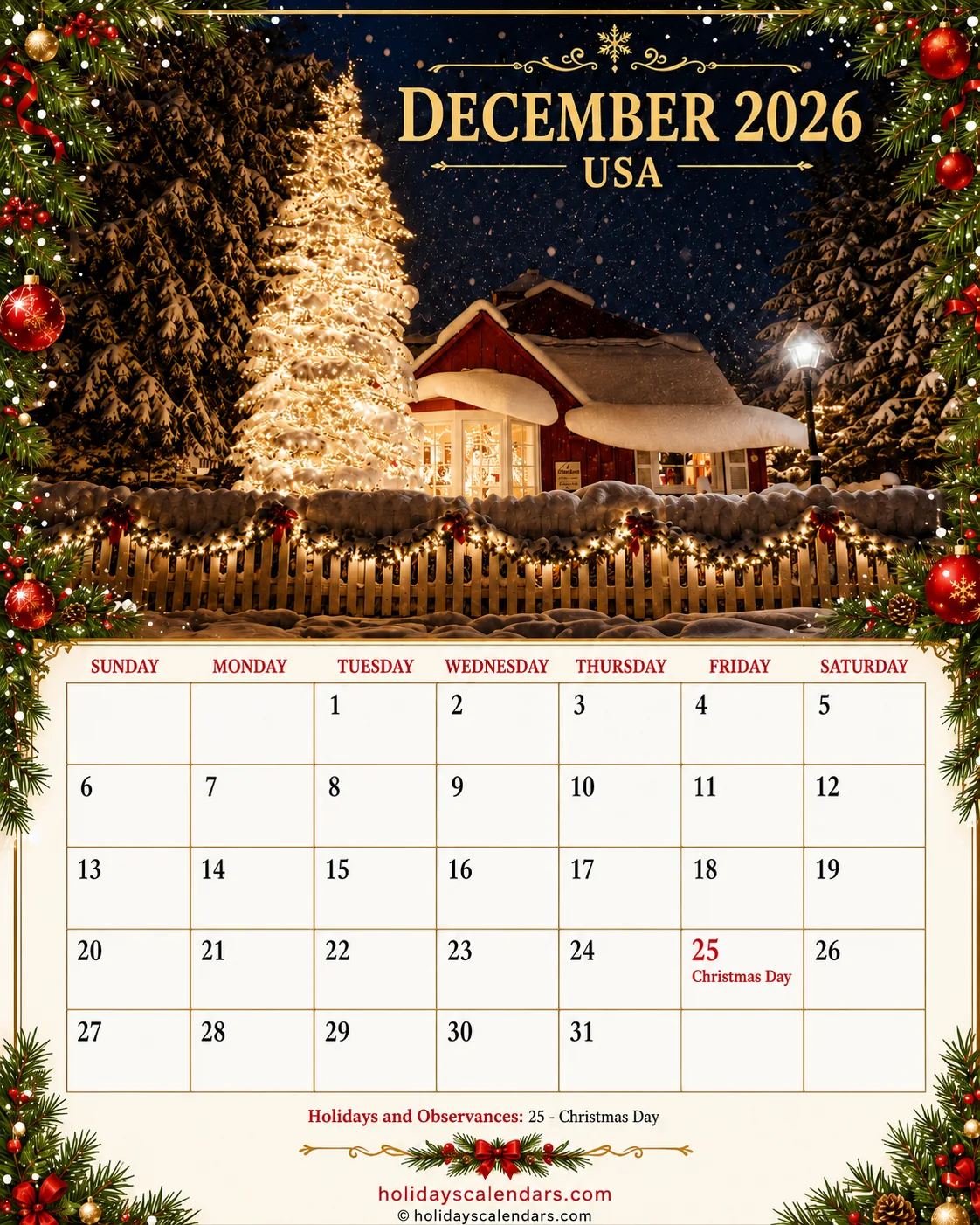 US December 2026 Christmas calendar United States federal holidays December 2026 calendar image with Christmas Day highlighted