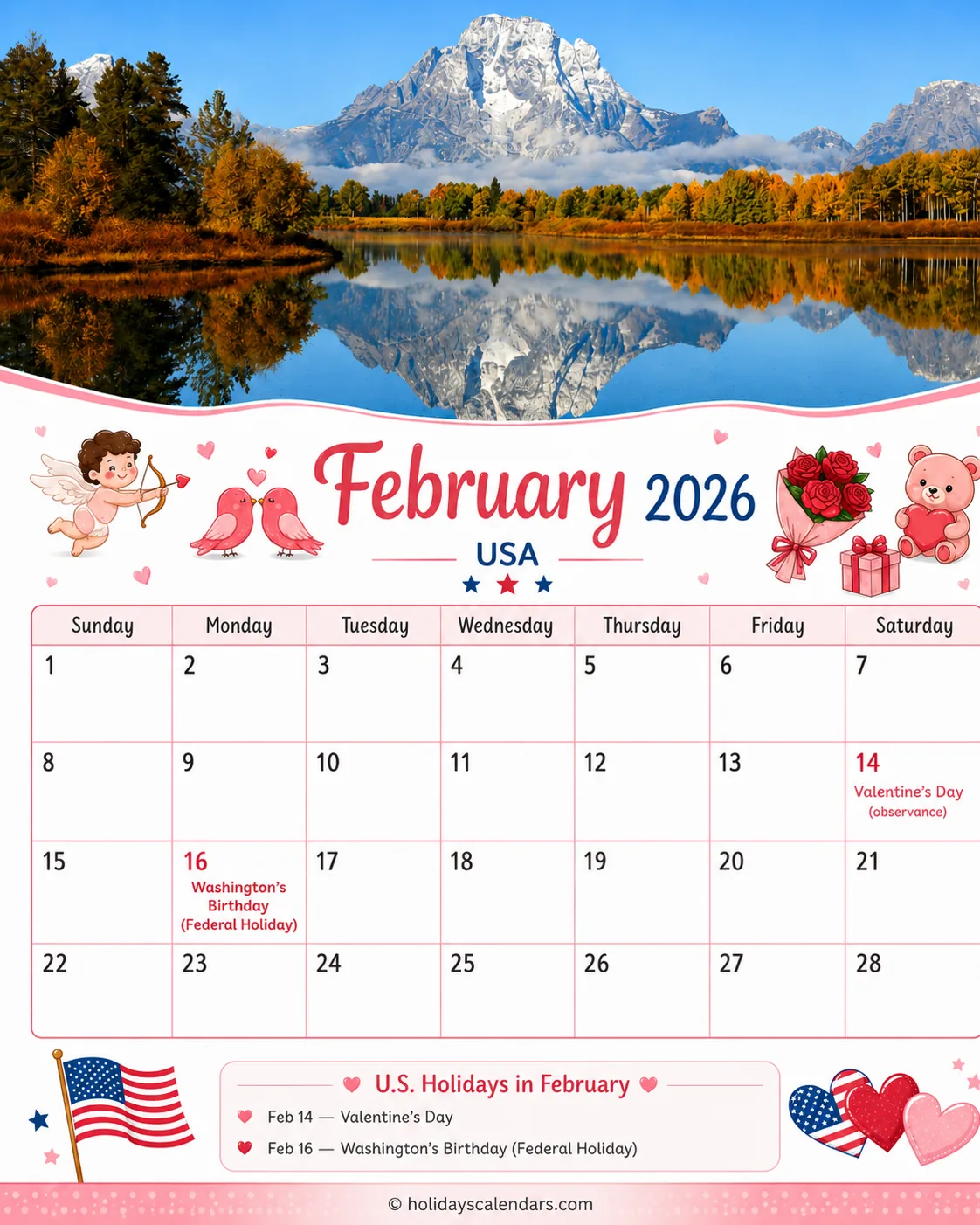 US February 2026 federal holidays calendar United States federal holidays February 2026 calendar image with Washington's Birthday highlighted