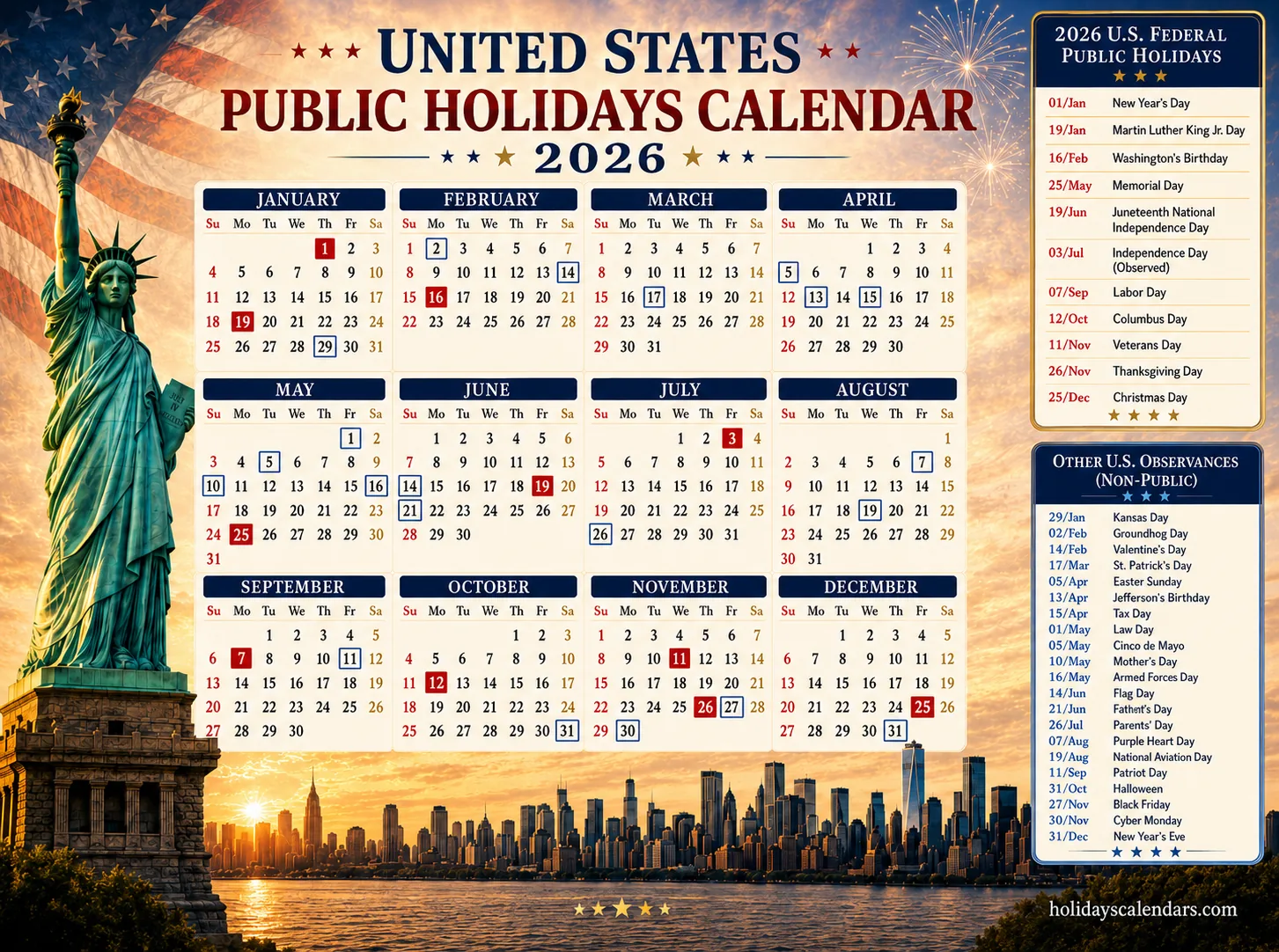US federal holidays 2026 full-year calendar United States federal holidays 2026 full year calendar image with official and observed date markers