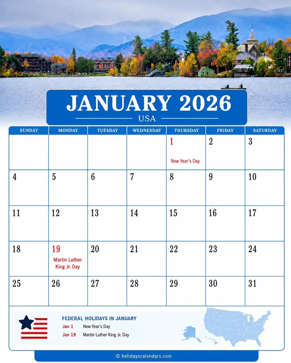 US January 2026 federal holidays calendar United States federal holidays January 2026 calendar image with New Year's Day and Martin Luther King Jr. Day highlighted