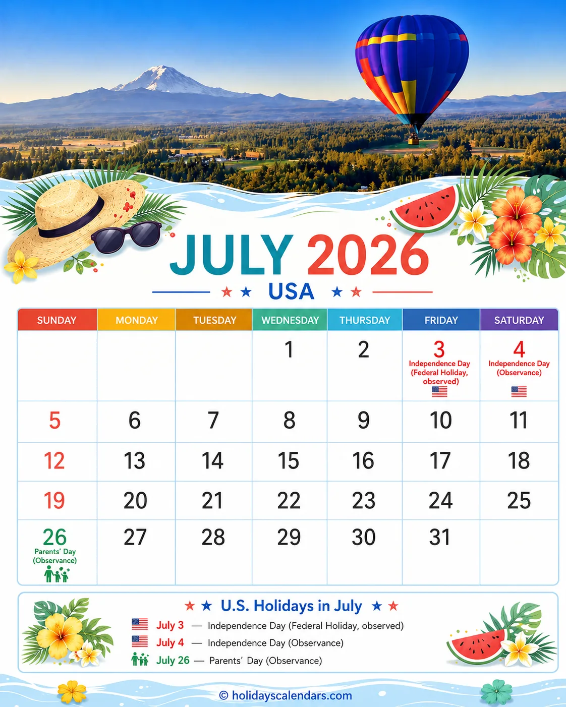 US July 2026 Independence Day calendar United States federal holidays July 2026 calendar image with Independence Day official and observed dates highlighted