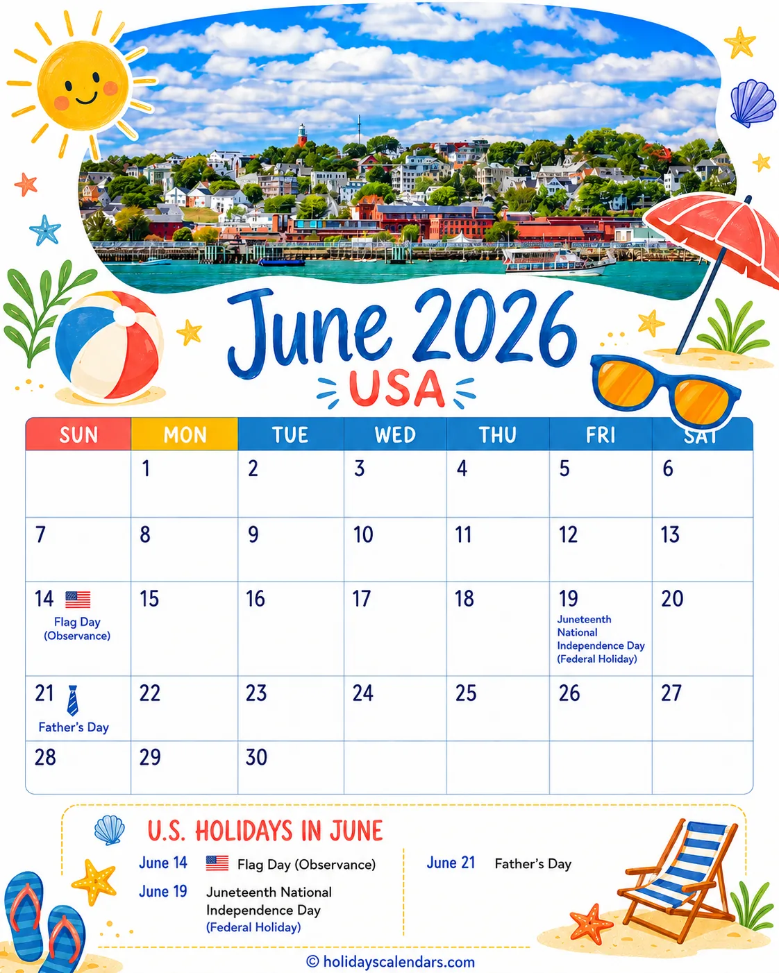 US June 2026 Juneteenth calendar United States federal holidays June 2026 calendar image with Juneteenth highlighted