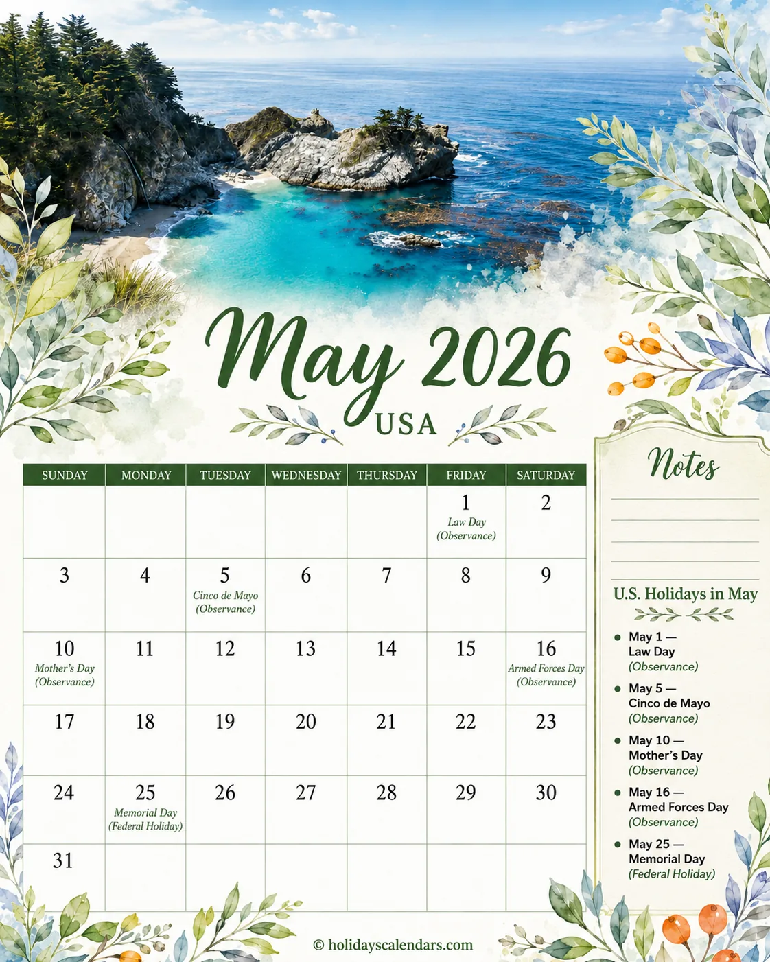 US May 2026 Memorial Day calendar United States federal holidays May 2026 calendar image with Memorial Day highlighted