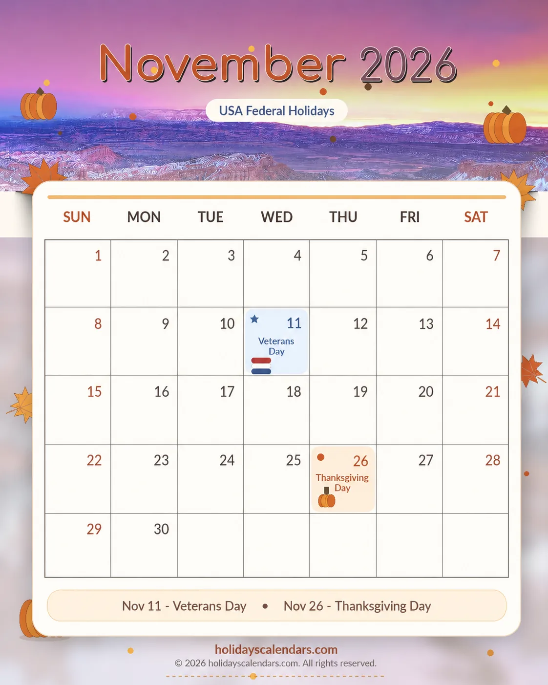 US November 2026 federal holidays calendar United States federal holidays November 2026 calendar image with Veterans Day and Thanksgiving Day highlighted