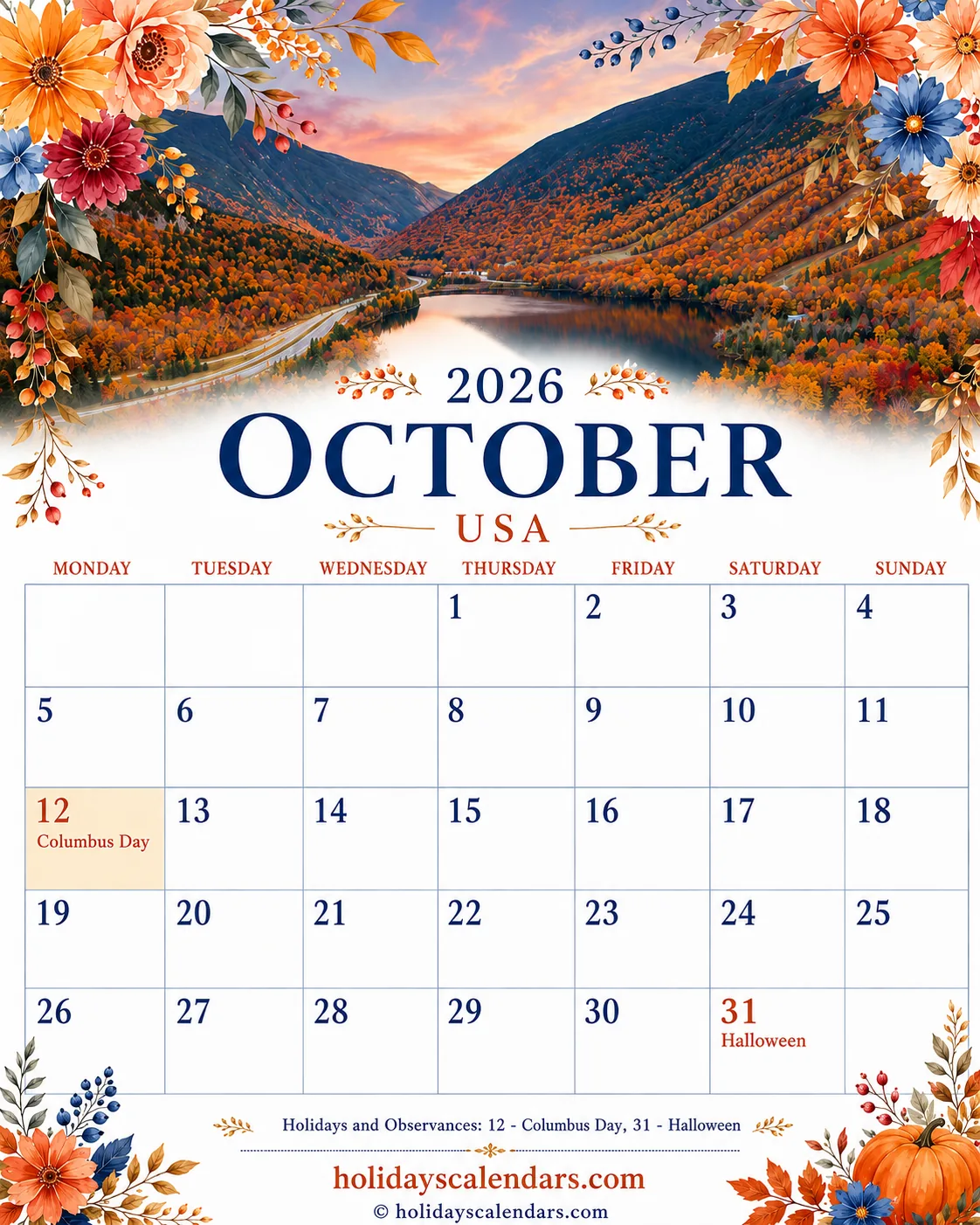 US October 2026 Columbus Day calendar United States federal holidays October 2026 calendar image with Columbus Day highlighted