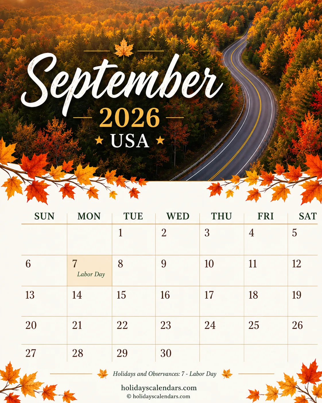 US September 2026 Labor Day calendar United States federal holidays September 2026 calendar image with Labor Day highlighted