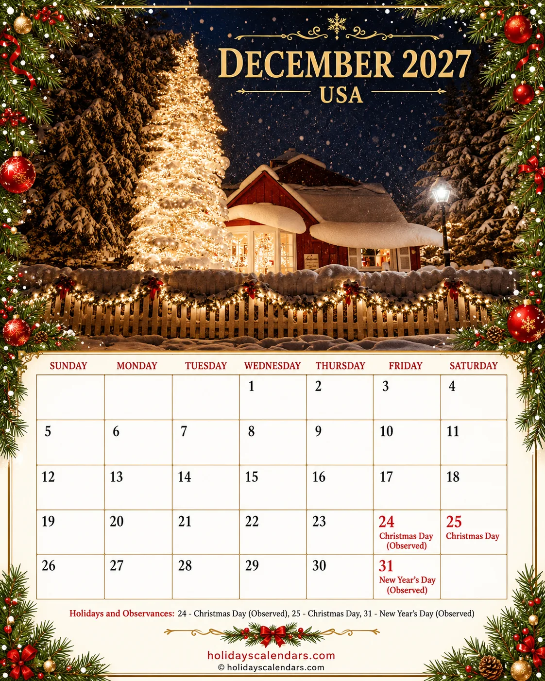 US December 2027 Christmas calendar United States federal holidays December 2027 calendar image with Christmas Day and observed closure dates highlighted