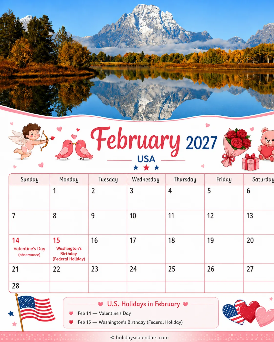 US February 2027 federal holidays calendar United States federal holidays February 2027 calendar image with Washington's Birthday highlighted