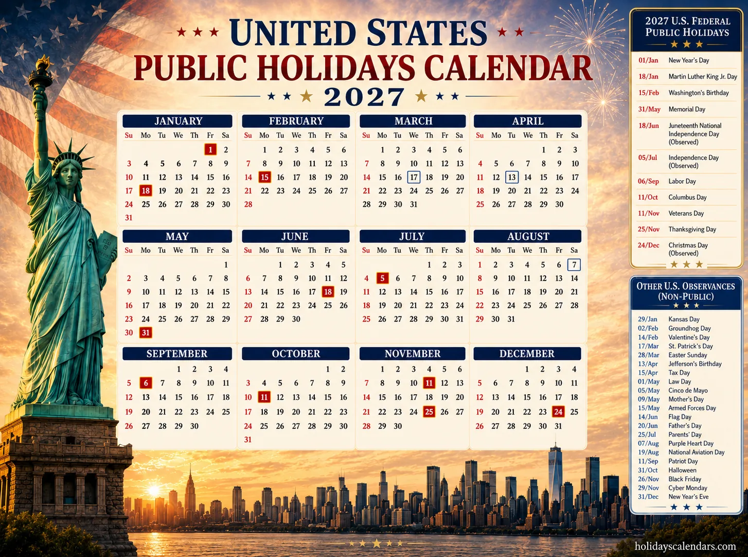 US federal holidays 2027 full-year calendar United States federal holidays 2027 full year calendar image with official and observed date markers