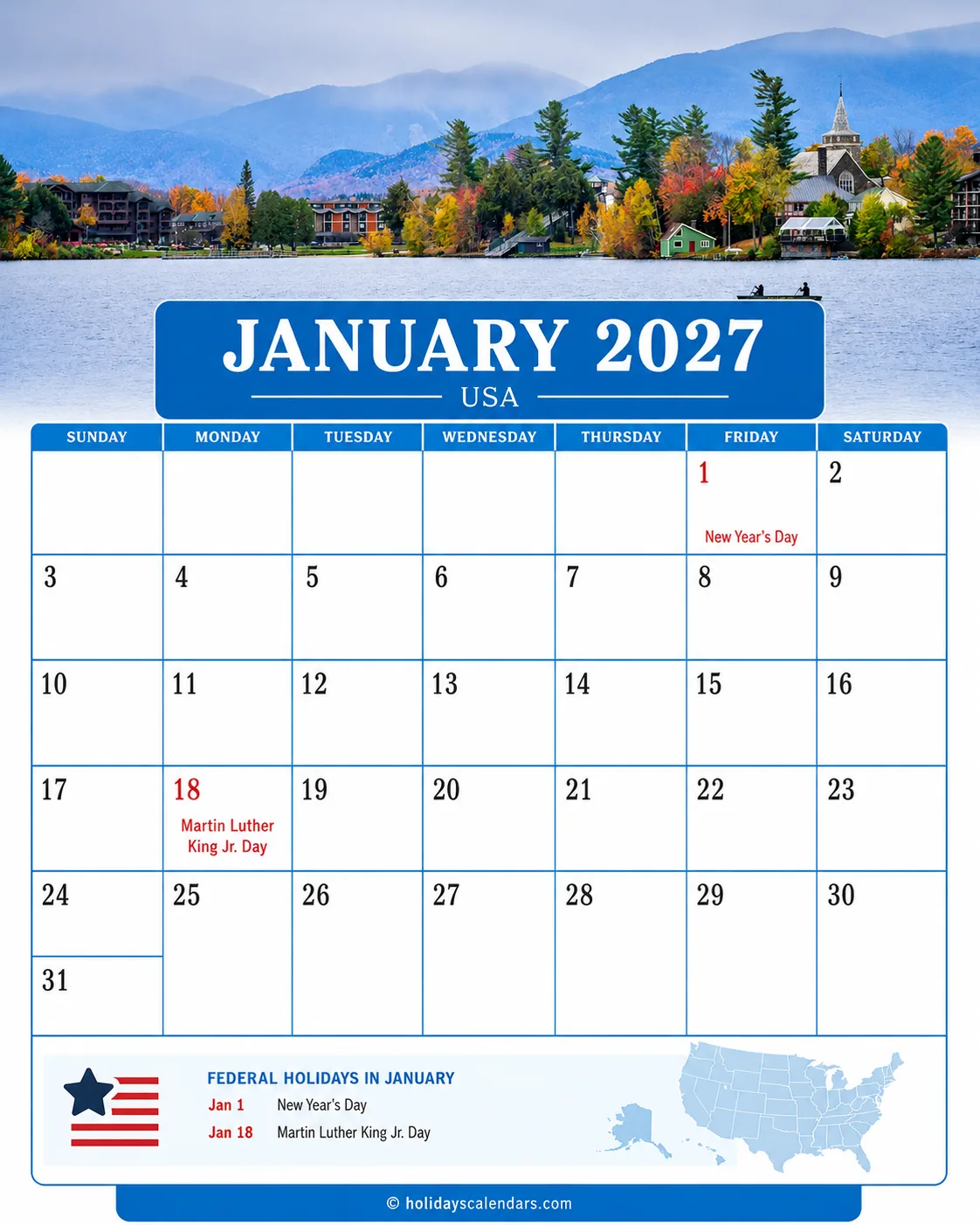 US January 2027 federal holidays calendar United States federal holidays January 2027 calendar image with New Year's Day and Martin Luther King Jr. Day highlighted