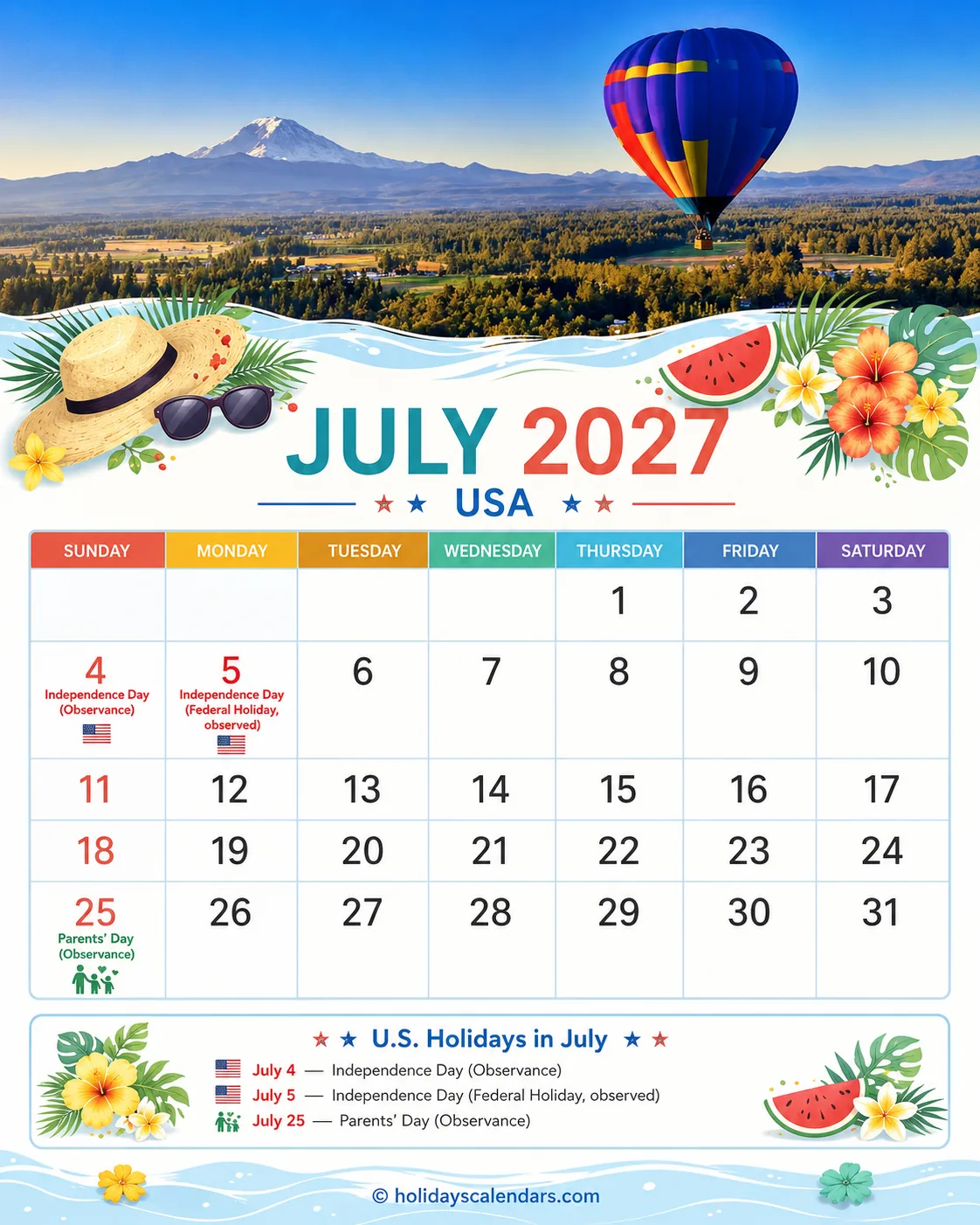 US July 2027 Independence Day calendar United States federal holidays July 2027 calendar image with Independence Day official and observed dates highlighted