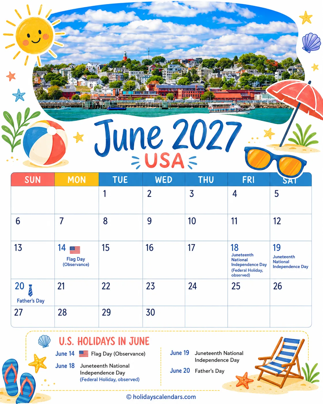 US June 2027 Juneteenth calendar United States federal holidays June 2027 calendar image with Juneteenth official and observed dates highlighted