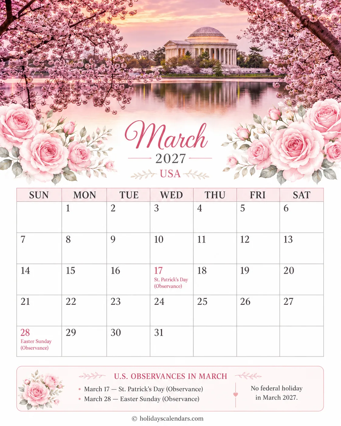 US March 2027 federal holidays calendar United States federal holidays March 2027 calendar image for monthly planning
