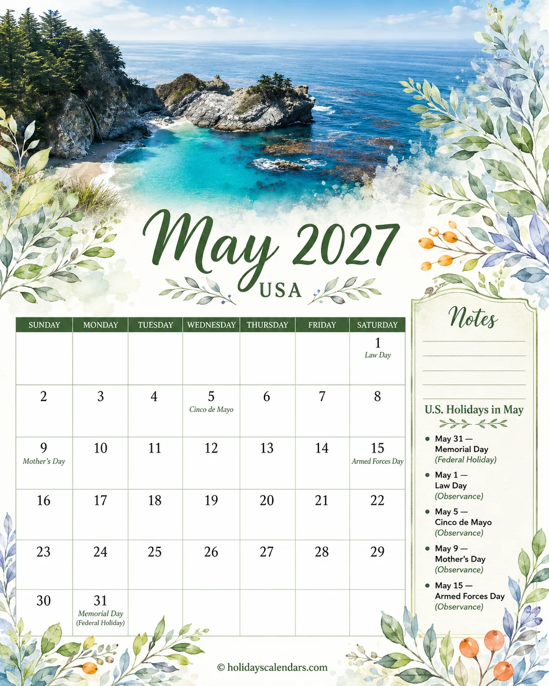 US May 2027 Memorial Day calendar United States federal holidays May 2027 calendar image with Memorial Day highlighted