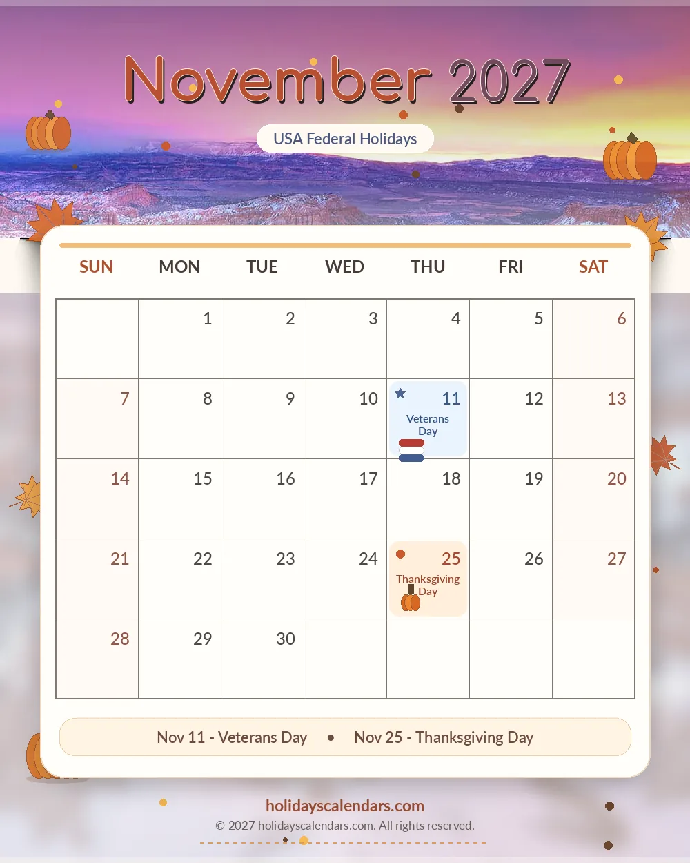 US November 2027 federal holidays calendar United States federal holidays November 2027 calendar image with Veterans Day and Thanksgiving Day highlighted