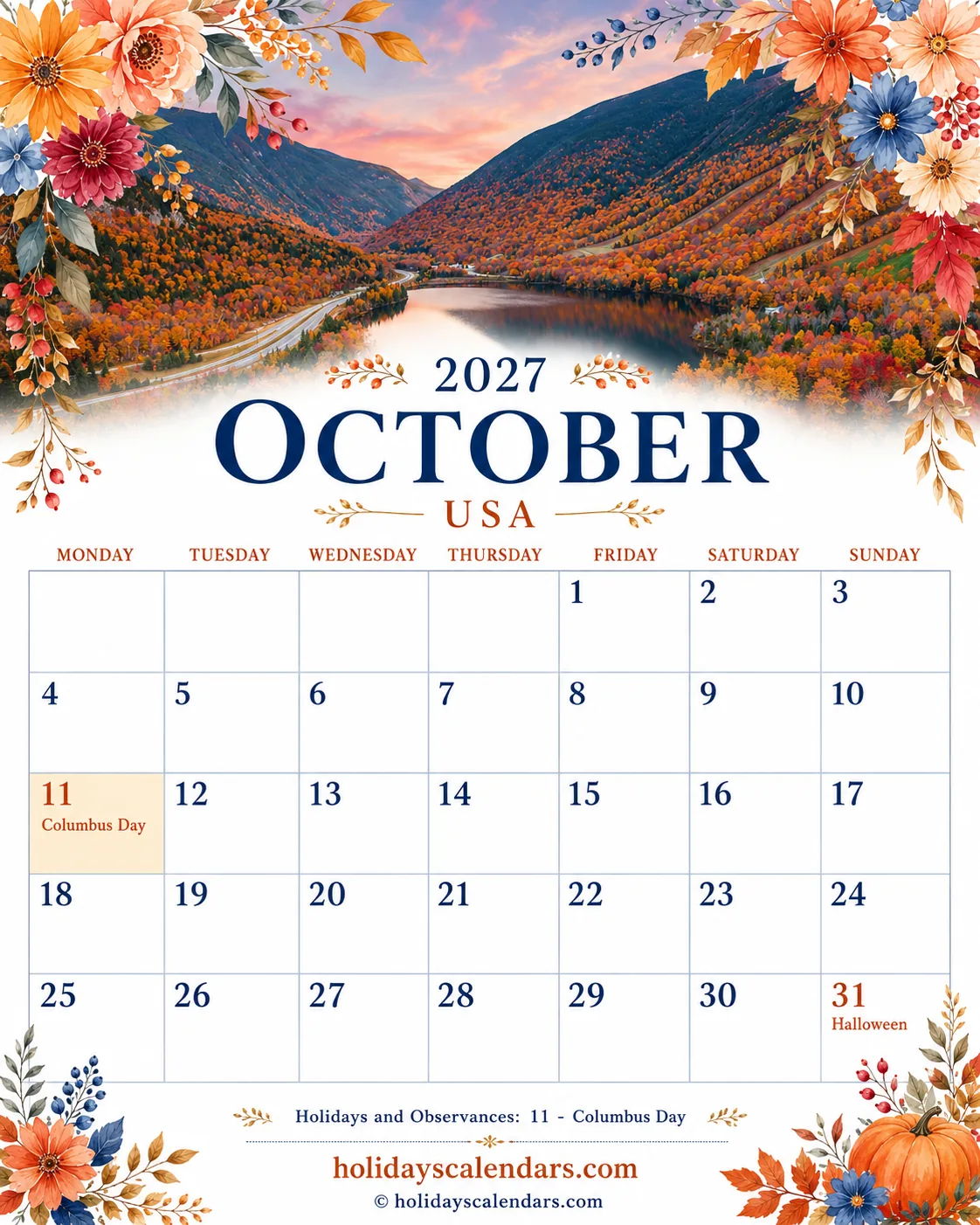 US October 2027 Columbus Day calendar United States federal holidays October 2027 calendar image with Columbus Day highlighted