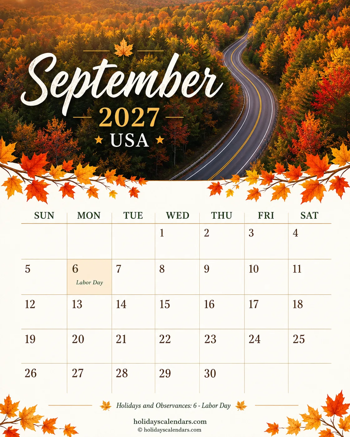 US September 2027 Labor Day calendar United States federal holidays September 2027 calendar image with Labor Day highlighted