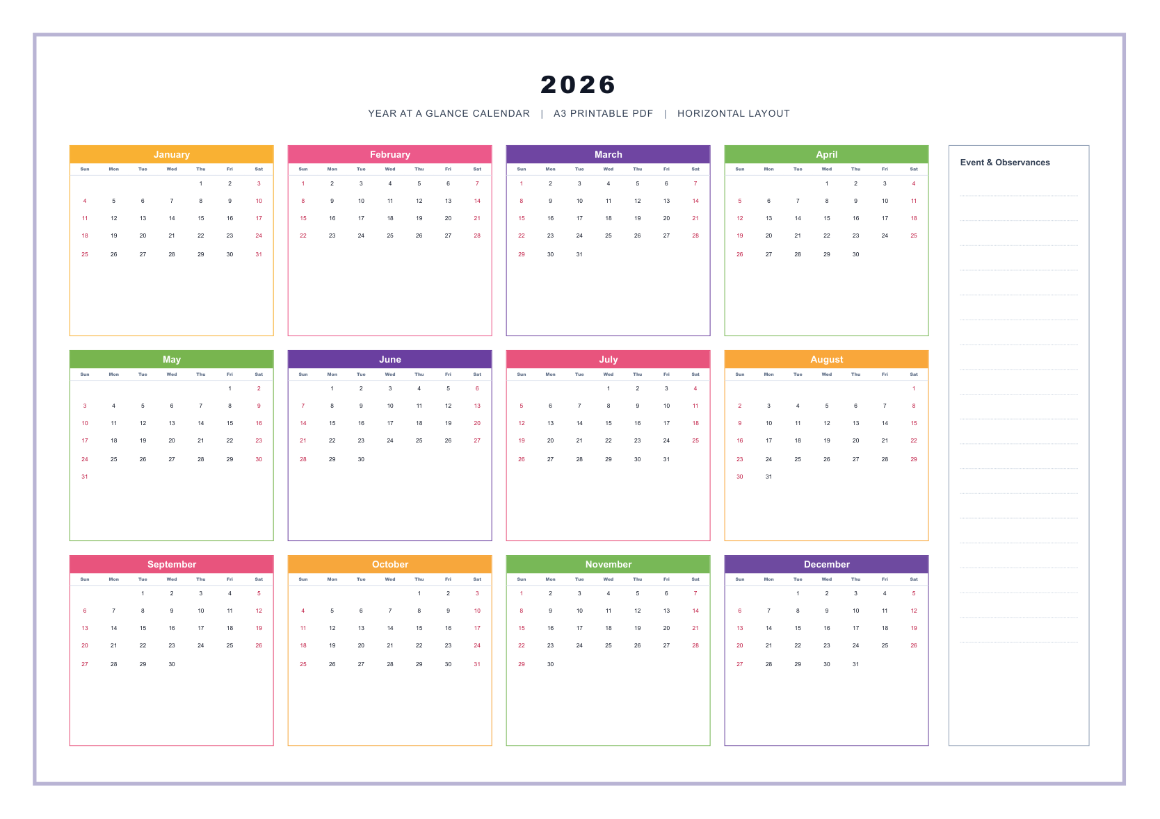 2026 2027 printable calendar year at a glance A3 printable PDF preview