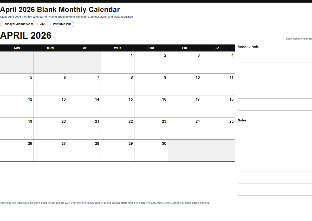 April 2026 blank monthly calendar PDF preview