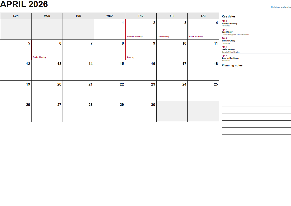 April 2026 calendar with holidays and notes PDF preview