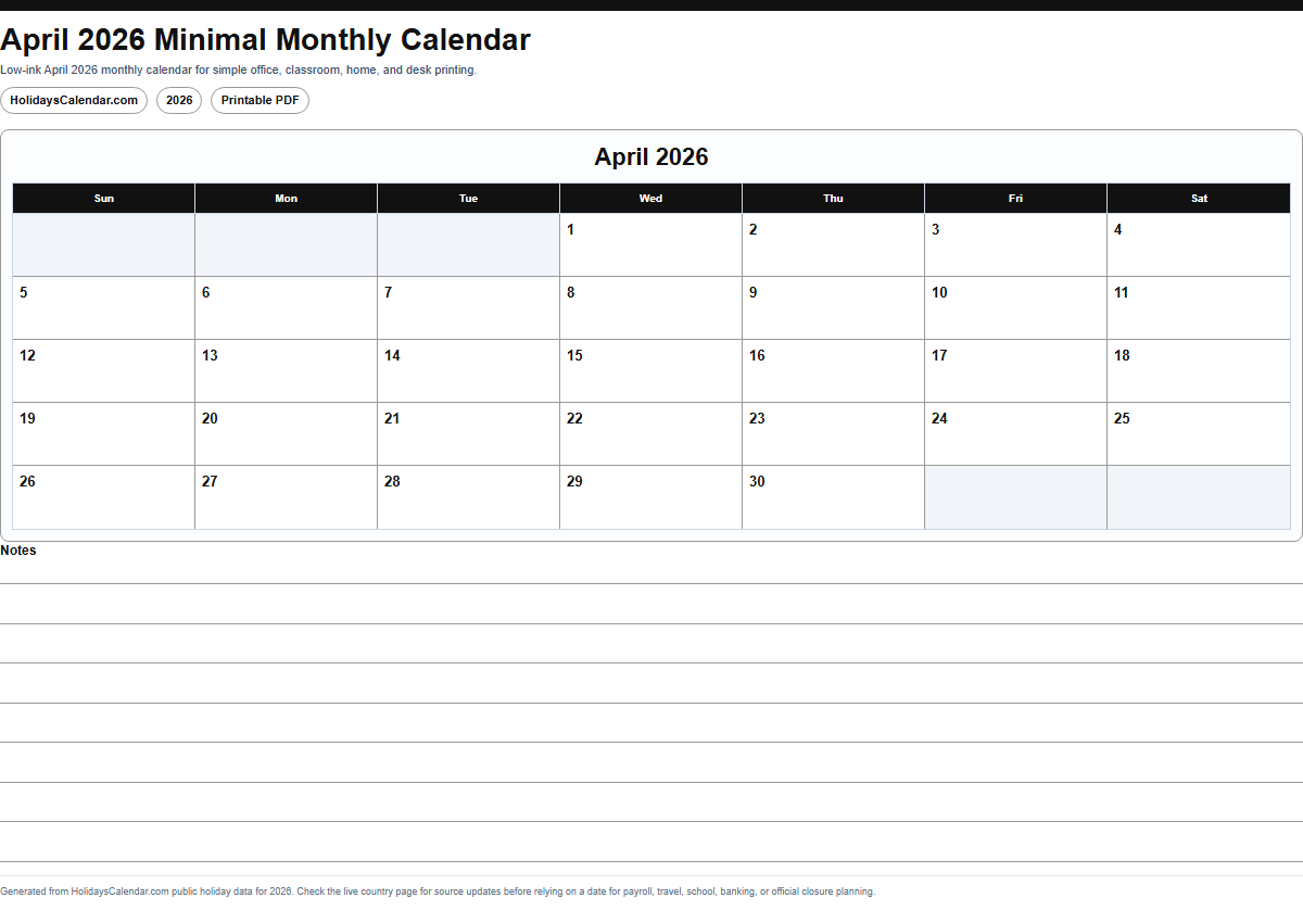 April 2026 minimal monthly calendar PDF preview