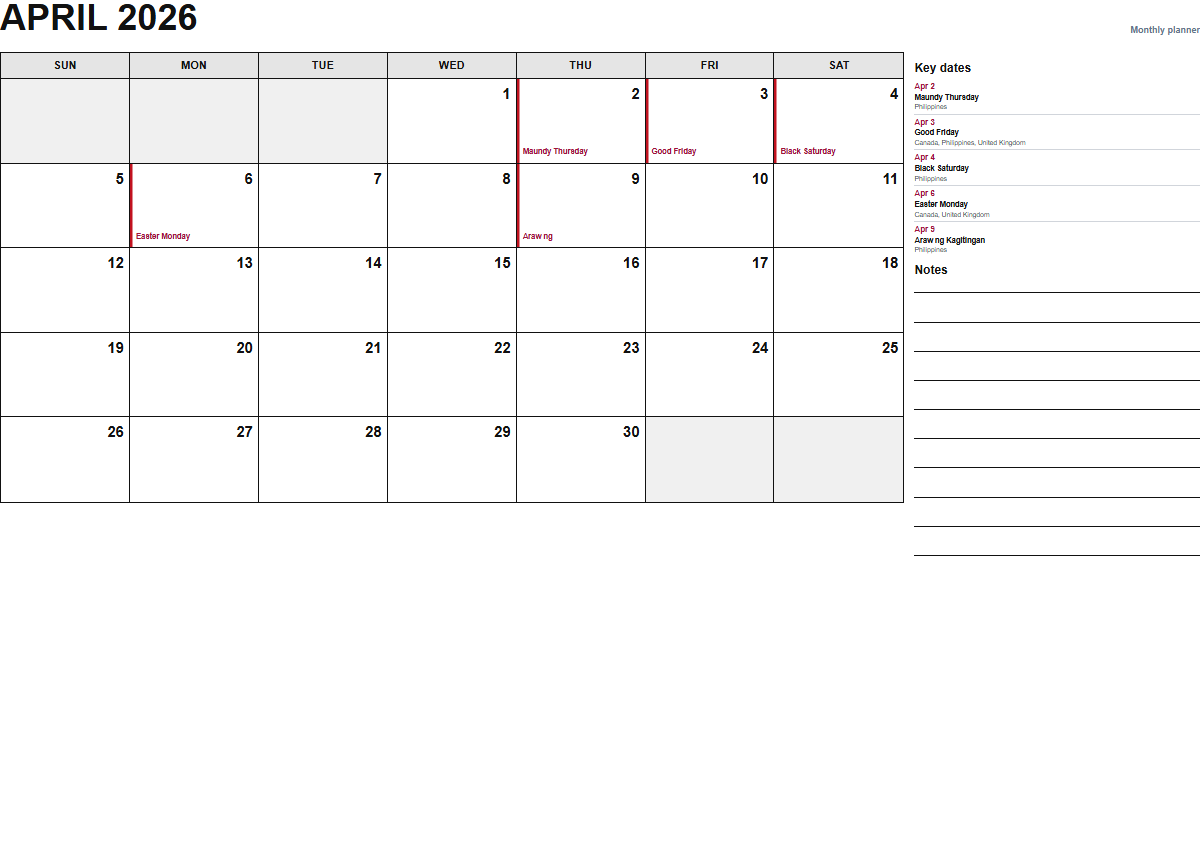 April 2026 monthly planner calendar PDF preview