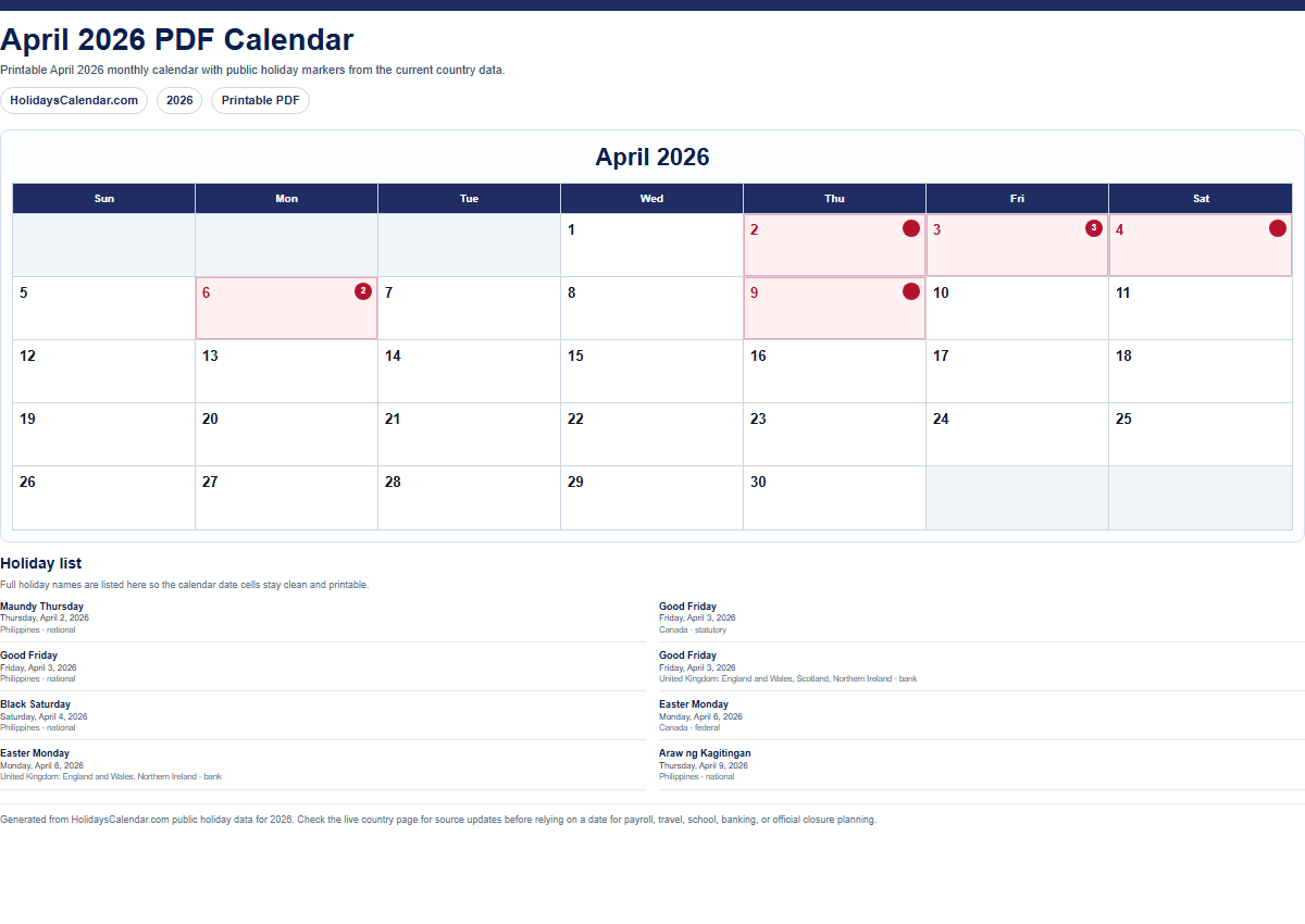 April 2026 PDF calendar preview