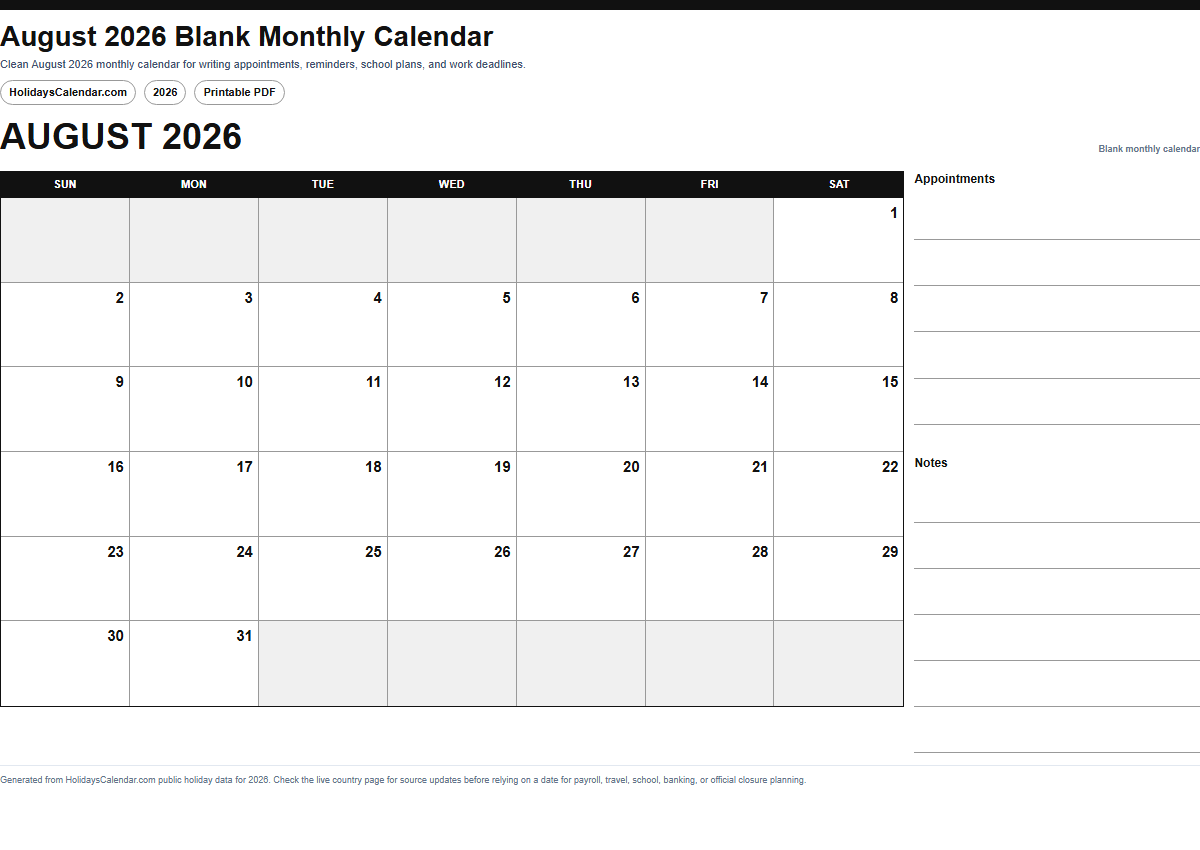August 2026 blank monthly calendar PDF preview