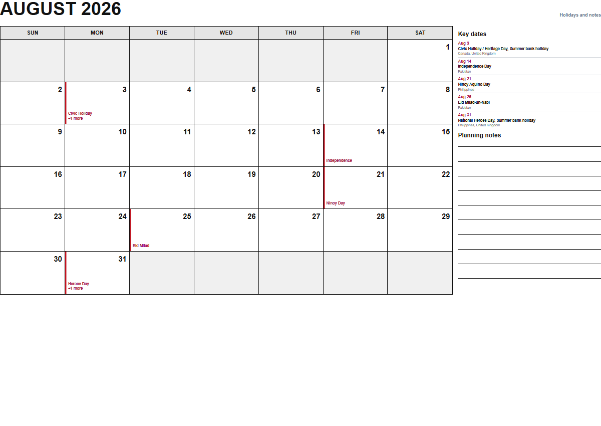 August 2026 calendar with holidays and notes PDF preview