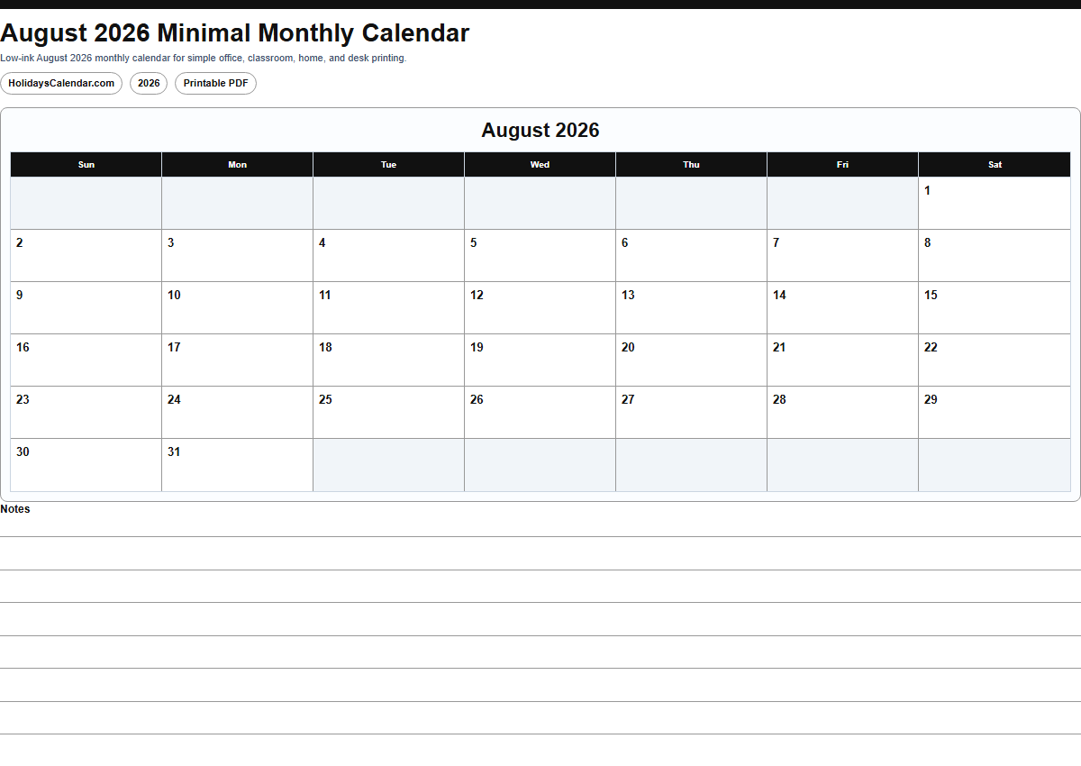 August 2026 minimal monthly calendar PDF preview