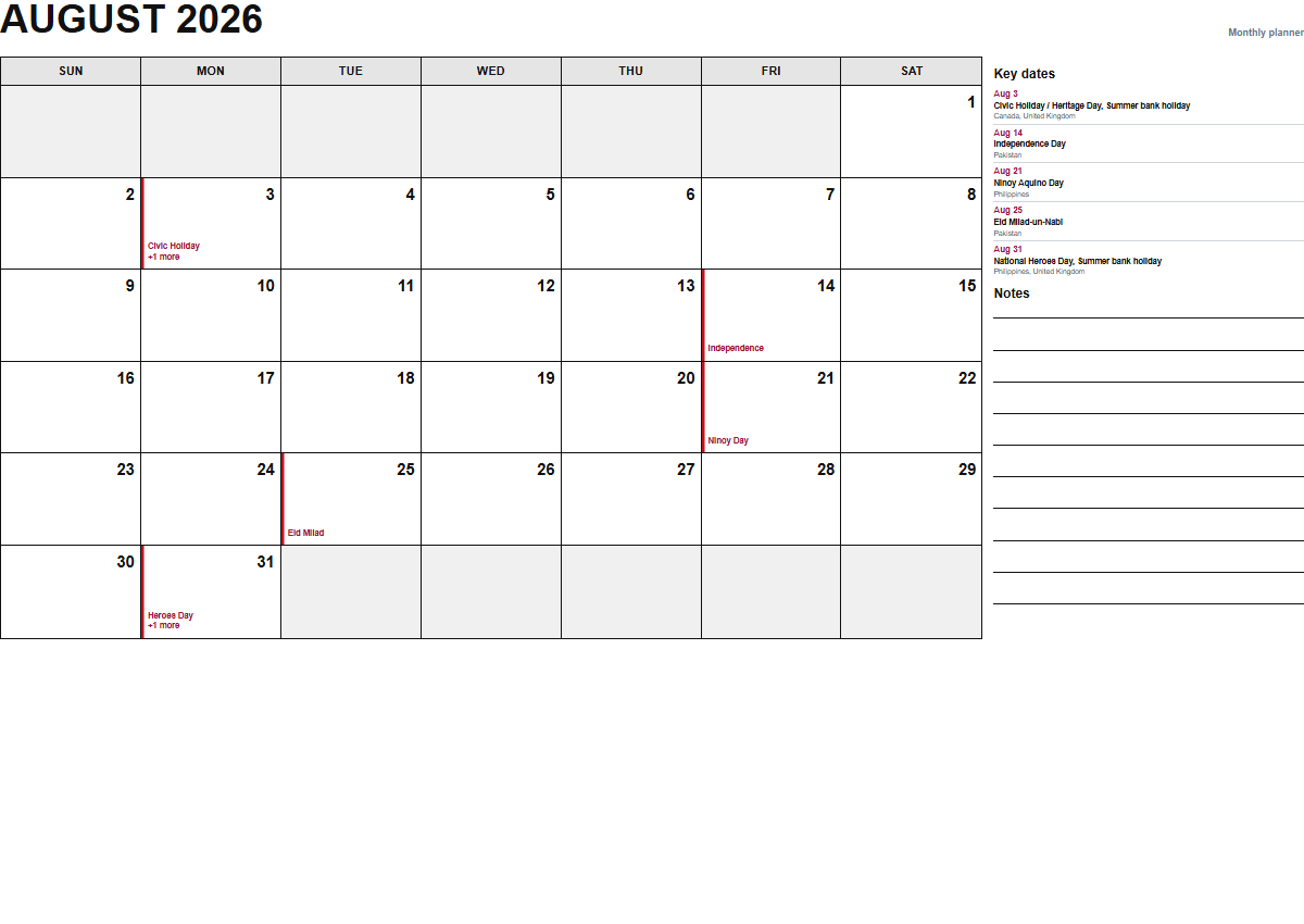 August 2026 monthly planner calendar PDF preview