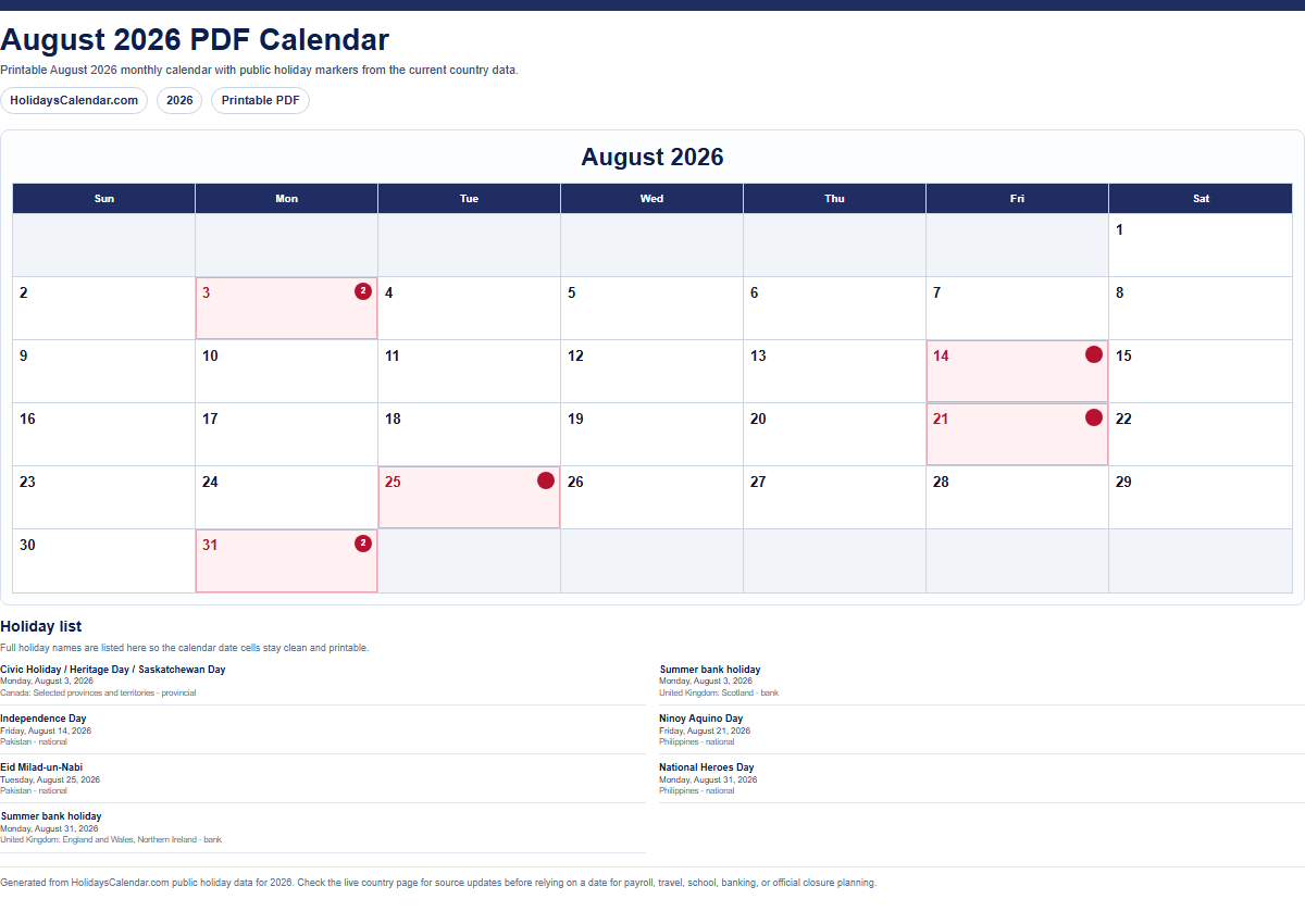 August 2026 PDF calendar preview