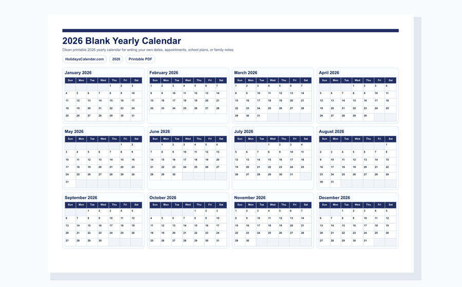 2026 blank yearly calendar PDF preview