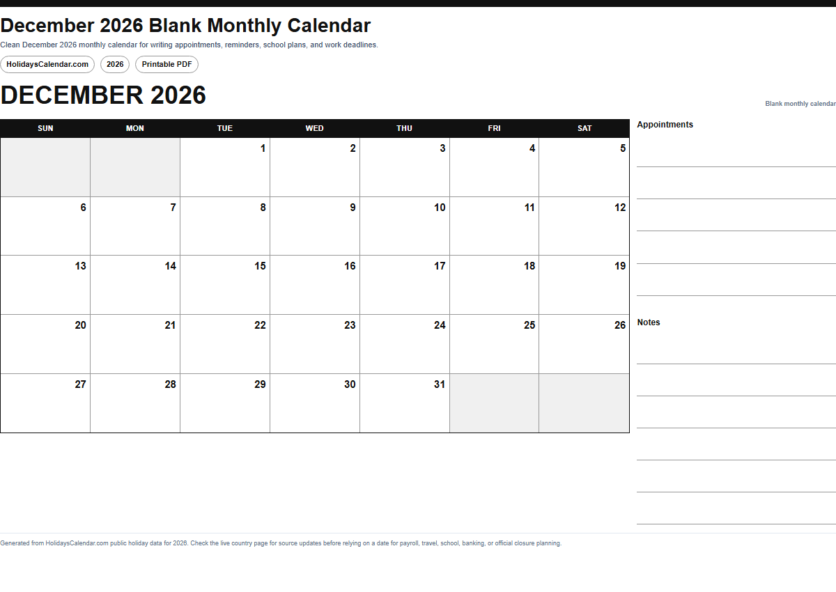 December 2026 blank monthly calendar PDF preview