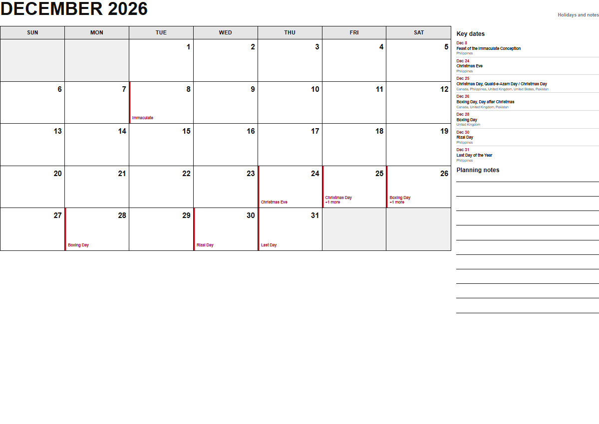 December 2026 calendar with holidays and notes PDF preview