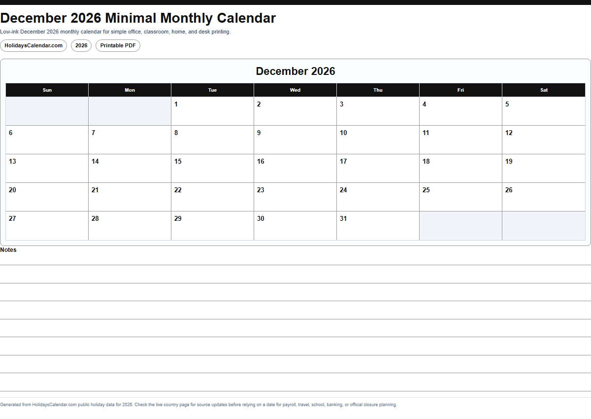 December 2026 minimal monthly calendar PDF preview