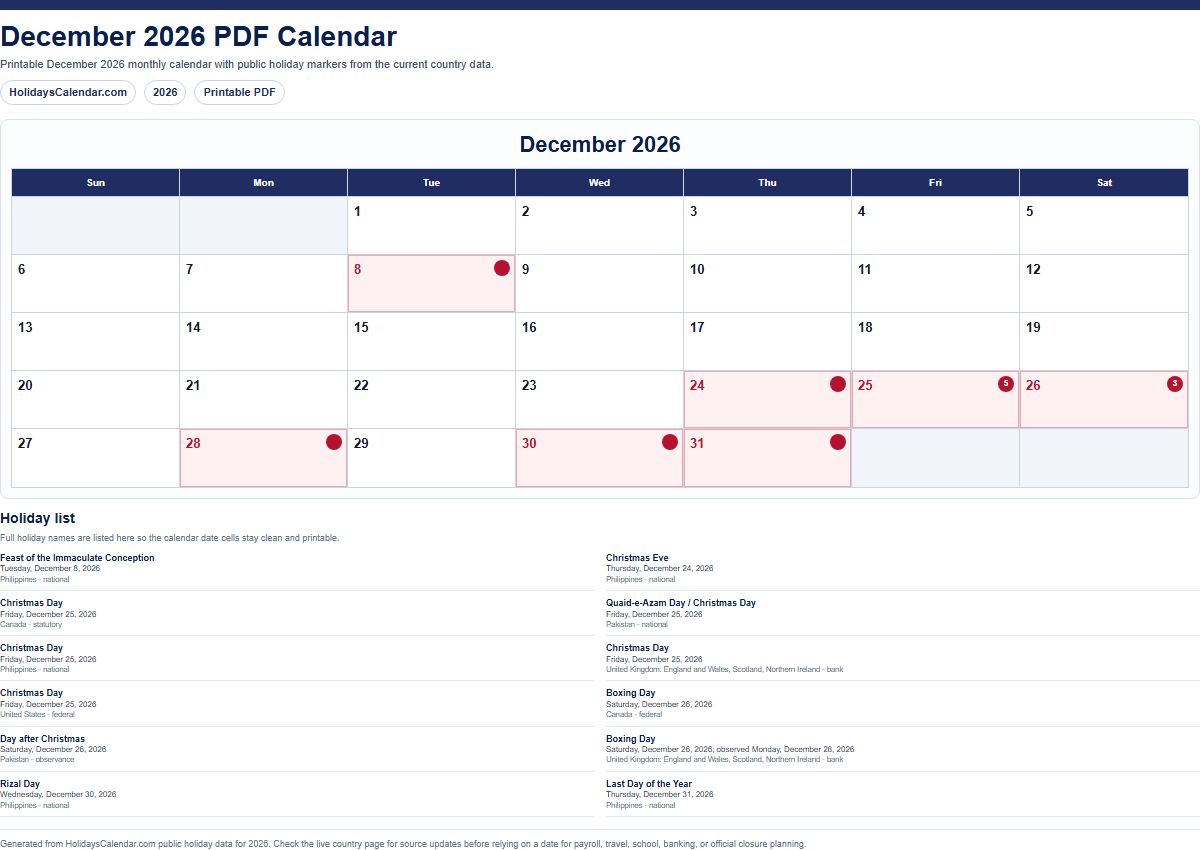 December 2026 PDF calendar preview