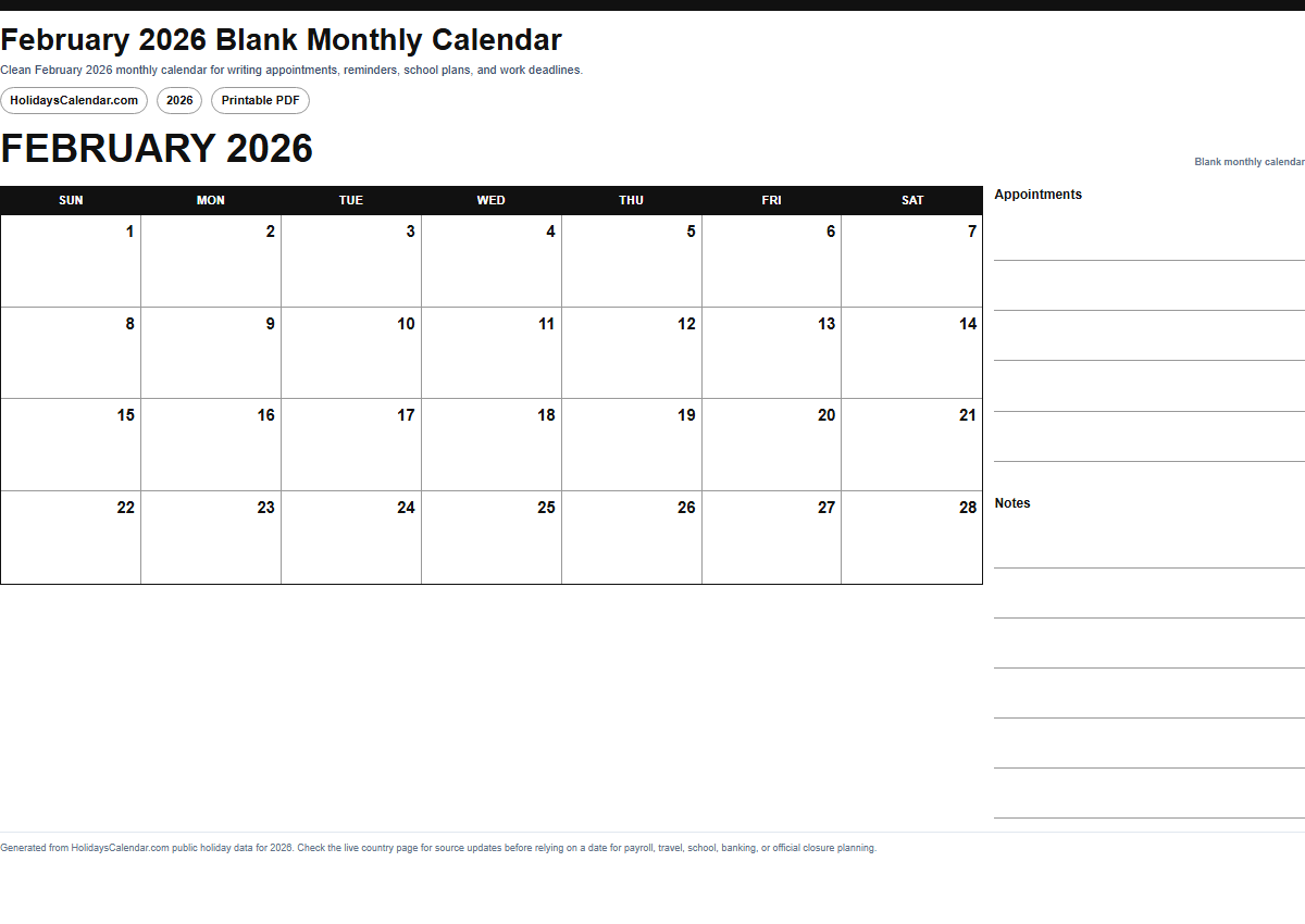 February 2026 blank monthly calendar PDF preview