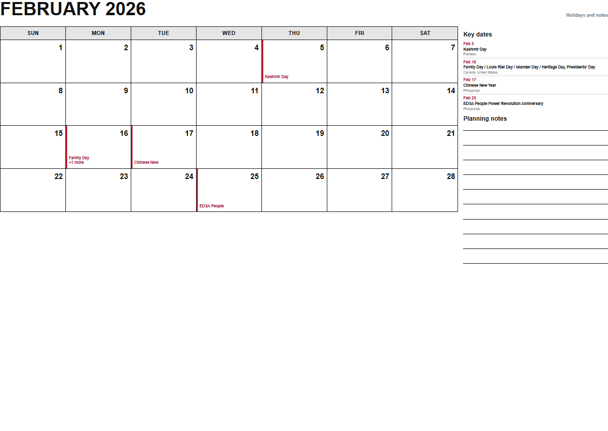 February 2026 calendar with holidays and notes PDF preview