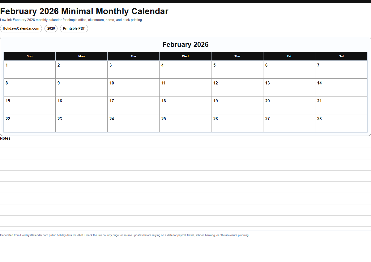 February 2026 minimal monthly calendar PDF preview
