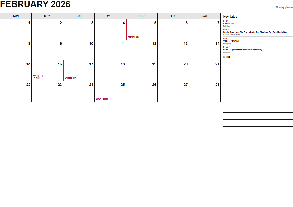 February 2026 monthly planner calendar PDF preview